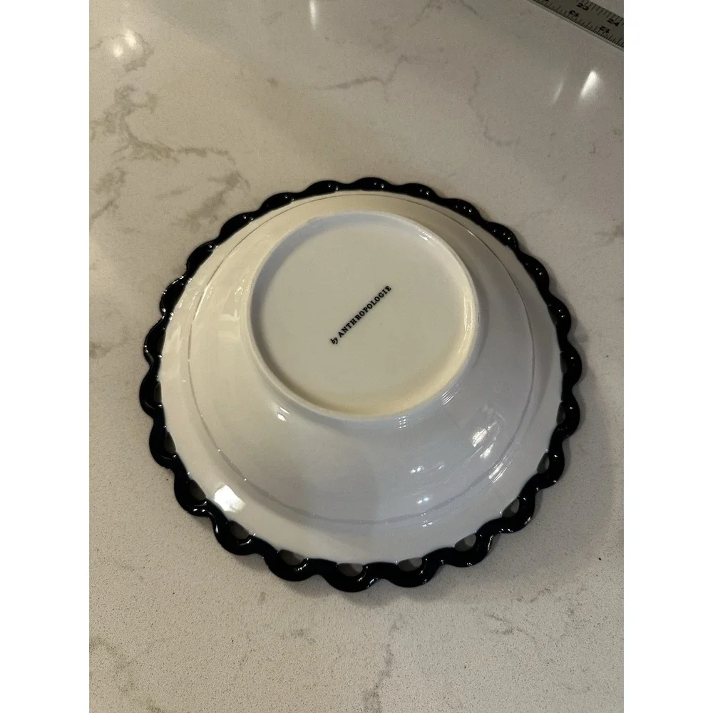Anthropologie sasha White bowl With Navy Blue scalloped‎ fringe Edges